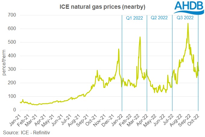 En graf över närliggande gasterminspriser